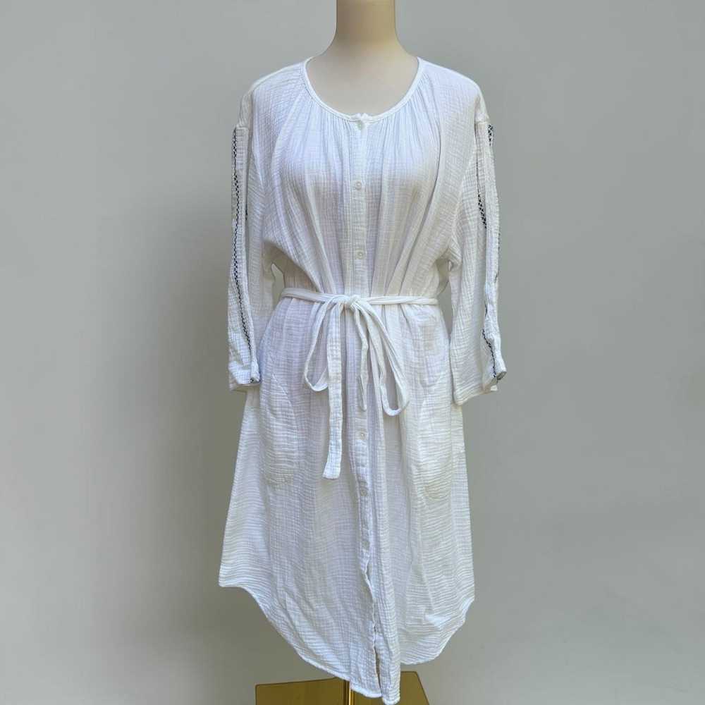 Mododoc Button Front Gauze Dress White Embroidered Sleeve Pockets Tie Waist New